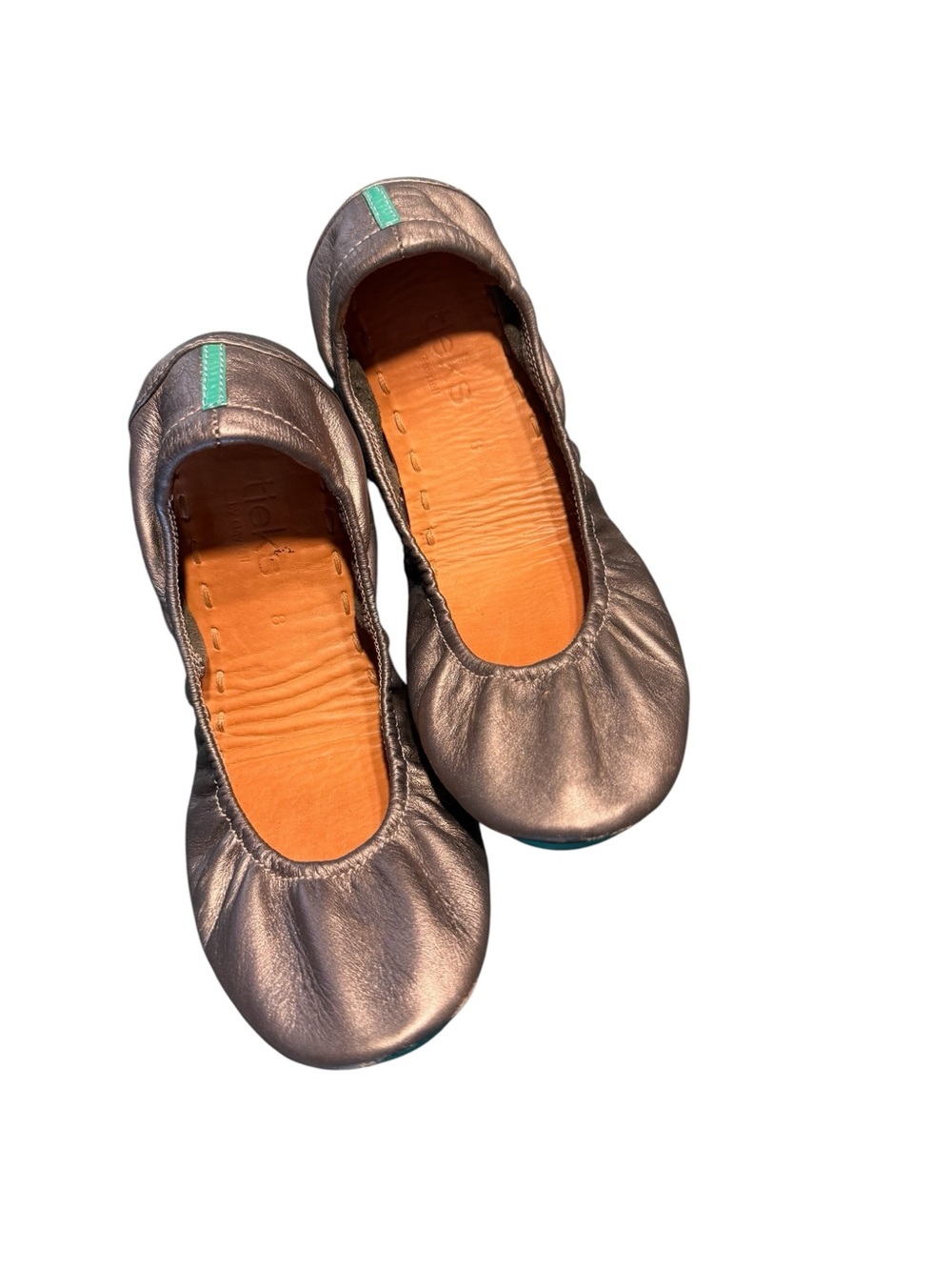 Tieks Metallic Silver Ballet Flats with Teal Heel Tab